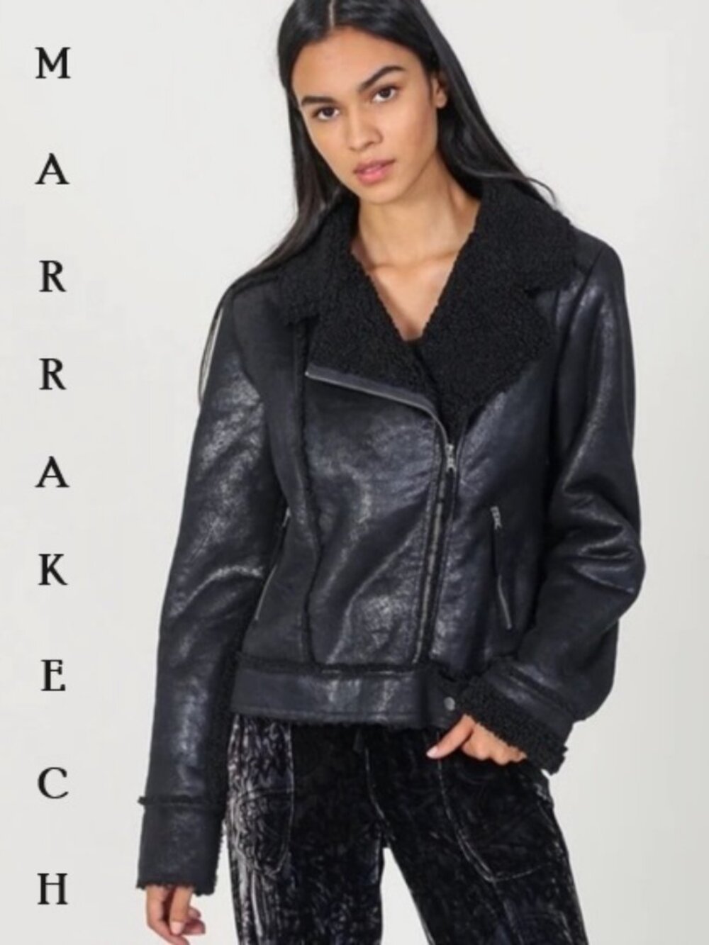 MARRAKECH SHERPA TRIMMED FAUX LEATHER MOTO JACKET sz M
